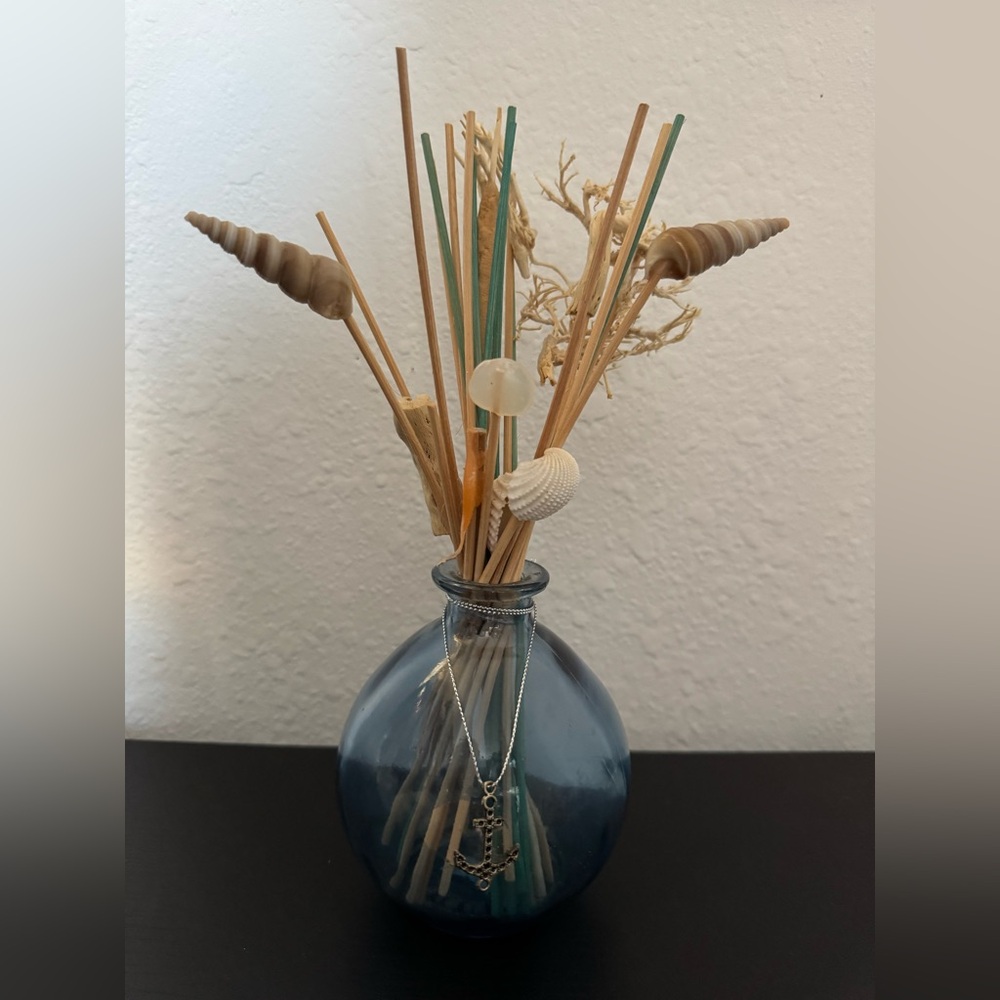 Blue Glass Diffuser Bottle with Wooden Sticks, Handmade.